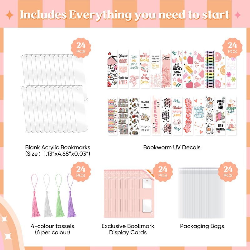 Kaciola 24 Acrylic Bookmark Blanks with 24 UV DTF Stickers About Booklover Theme and 4 Colors Tassels Blank Bookmarks Waterproof UV DTF Transfers Stickers for DIY Crafts Hanging Tag Gift - Image 3